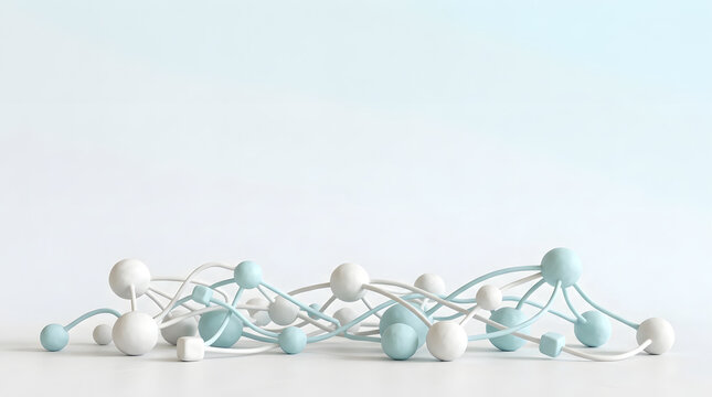 Abstract Network of Spheres: A delicate and intricate network of interconnected spheres, rendered in soft pastel hues of white and pale blue.