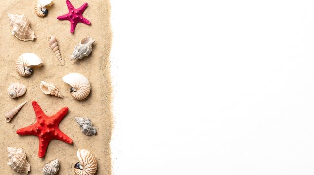 Seashells and Starfish Border on Sand with White Space