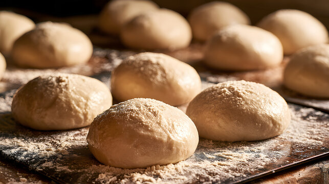 Baking and homemade bread concept, raw dough balls on baking sheets, preparing fresh pastries and artisan buns