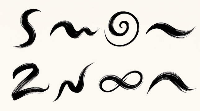 Hand-drawn black ink brush strokes set, minimalist calligraphy swirls and waves, artistic paint texture elements for graphic design