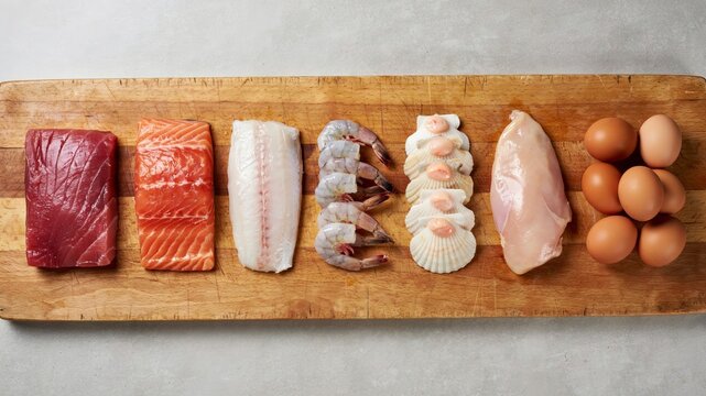 A wooden board featuring a row of raw food ingredients including tuna steak, salmon fillet, white fish, shrimp, scallops, chicken breast, and brown eggs, neatly arranged on a light grey surface