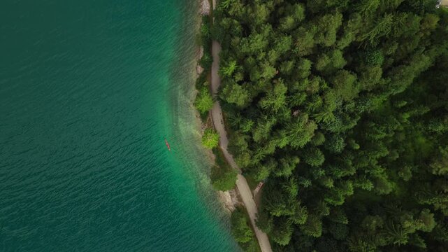 Top-down aerial view of Achensee in Tyrol, Austria, bordered by lush green forest and natural shoreline