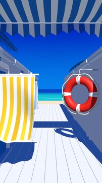 Blue beach cabins with a yellow striped towel blowing in the wind, red life ring and ocean view, retro summer postcard vertical seamless loop