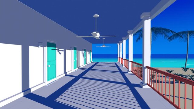 White seaside hotel gallery with turquoise doors, coral railings and slowly turning ceiling fans, retro summer ocean view, seamless loop
