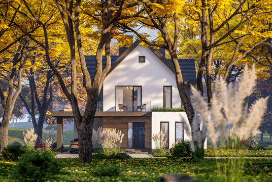 3d rendering of contemporary architectural luxury house exterior. Modern Scandinavian style family home with a white plaster walls, beautiful garden. Clear sunny autumn day with golden leaves anywhere