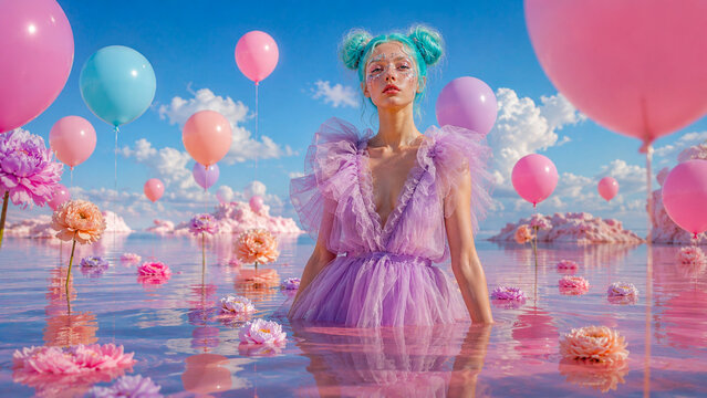 Surreal fashion portrait of a woman in a flowing pastel dress standing in pink water among giant flowers and balloons, ideal for beauty, fashion and creative advertising campaigns.