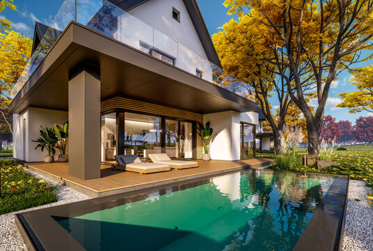 3d rendering of contemporary architectural luxury house exterior. Modern Scandinavian style family home with a white plaster walls, beautiful garden. Clear sunny autumn day with golden leaves anywhere