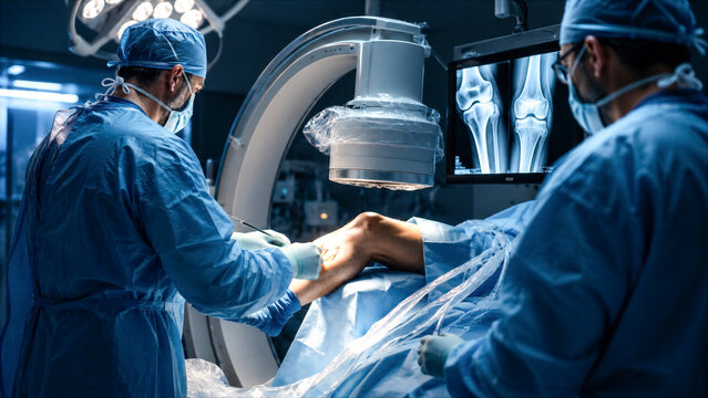 Surgeons performing orthopedic surgery on knee joint using mobile x-ray machine, medical monitor showing bone scan, sterile operating room environment. Healthcare, orthopedics, medicine