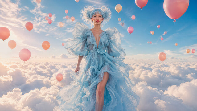 Surreal fashion portrait of a woman in a blue couture dress walking among clouds and floating balloons, ideal for beauty, fashion, fantasy and creative advertising campaigns.