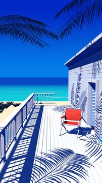 Red folding chair on a white seaside veranda with swaying palm shadows and blue ocean, retro summer postcard vertical video, seamless loop