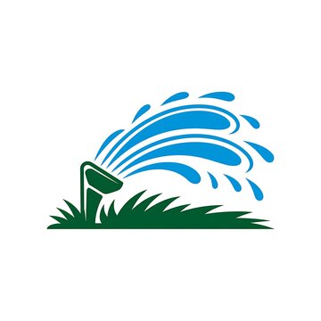 Lawn sprinkler watering green grass vector icon