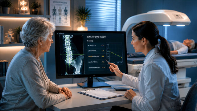 Female doctor explaining bone mineral density scan results to senior woman in clinic, spinal x-ray on monitor, medical consultation. Healthcare, diagnostics, geriatrics, medicine.