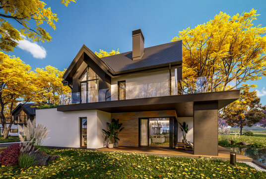 3d rendering of contemporary architectural luxury house exterior. Modern Scandinavian style family home with a white plaster walls, beautiful garden. Clear sunny autumn day with golden leaves anywhere