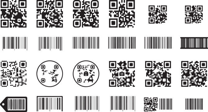 Barcode and QR code collection vector set with various matrix code types, scanner tags, and linear barcodes