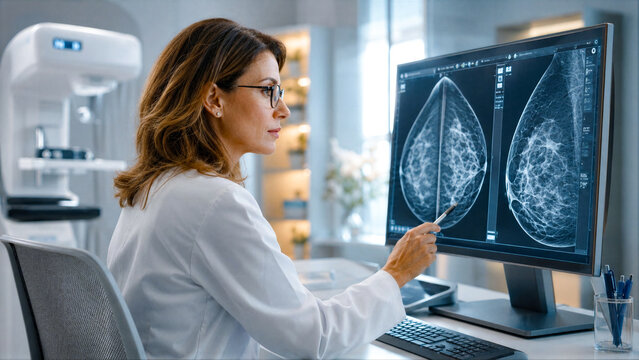 Female doctor analyzing mammogram scans on computer monitor in clinic, medical imaging review, radiology department, healthcare technology.