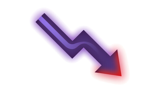 A3d rendered downward pointing arrow with a zigzag shape, featuring a purple gradient and a glowing red outline on a black background
