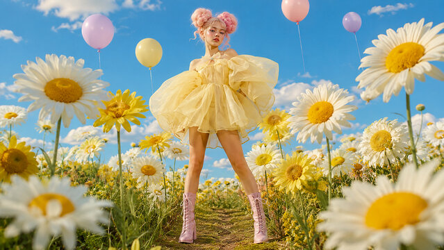 Surreal fashion portrait of a woman in a yellow dress standing in a daisy meadow with pastel balloons, ideal for fashion, beauty, spring, summer and creative advertising campaigns.