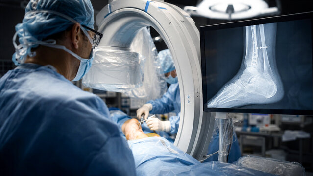 Surgeons performing orthopedic surgery on a patient's ankle in operating room, viewing X-ray scan on digital monitor, medical technology. Healthcare, surgical procedure, hospital, orthopedics.