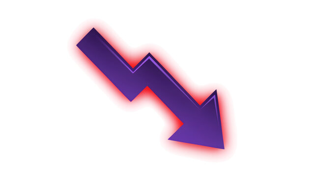 A3d rendered downward pointing arrow with a zigzag shape, featuring a purple gradient and a glowing red outline on a black background
