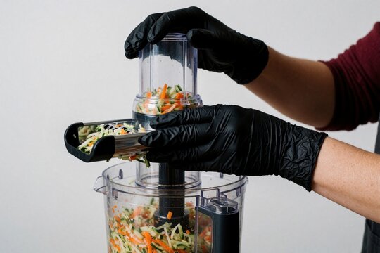 Person wears black gloves processing vegetables like carrots and cucumbers in electric food processor. Chopped mix falls into clear container. Kitchen prep aid.