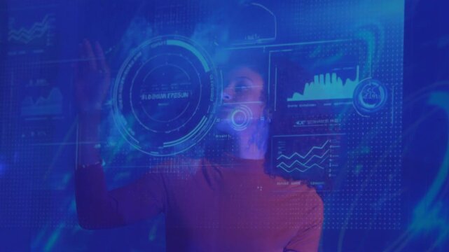 Businesswoman Using Futuristic Digital Interface for Data Analytics and Technology, digital transformation, data analysis, innovation, artificial intelligence, and modern business technology.