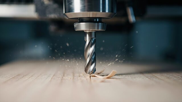 A CNC router bit carving a wooden plank with flying shavings in a workshop. Great for industrial manufacturing and woodworking technology concepts.
