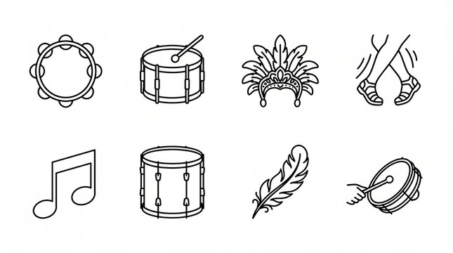 Set of 8 monochrome line icons for National Samba Day isolated on white