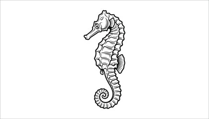 Black and white line art illustration of a seahorse with marine life © Anik