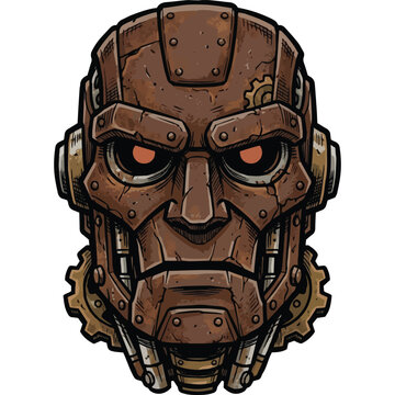 Rusty Steampunk Robot Head Illustration with Gears and Glowing Eyes