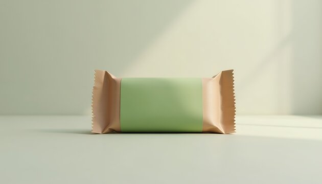 A single snack food packaging wrapper with a light green label on a neutral background