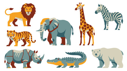 Obraz premium Cute wild safari animals vector illustration set with lion tiger elephant giraffe and zebra