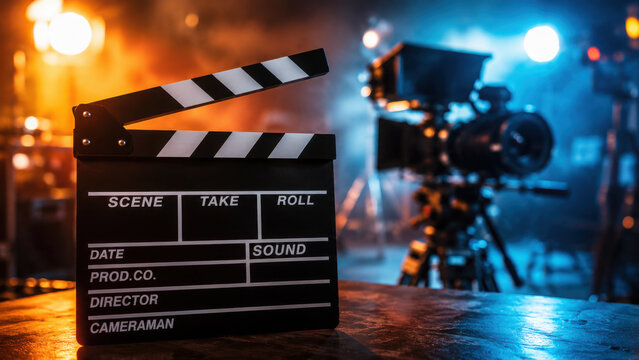 Clapperboard stands on a movie set with professional lighting equipment in the background, capturing the creative energy of filmmaking