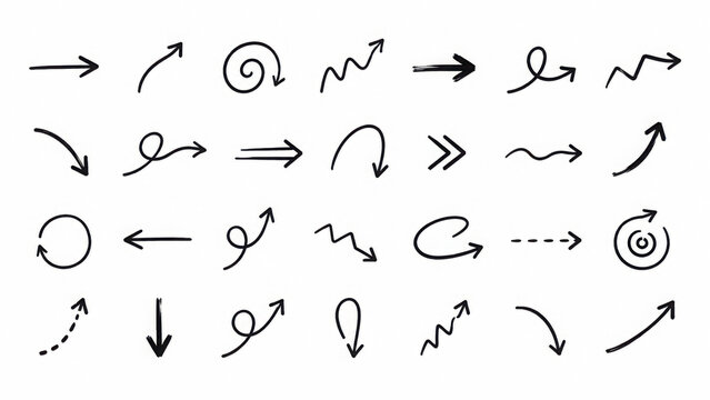 Hand drawn line arrows icons set collection. Arrow vector elements hand drawn arrows brush stroke curly arrow collection.
