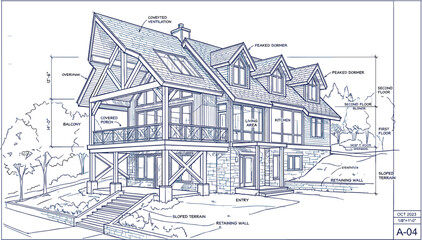 Fototapeta premium Architectural blueprint diagram of multi level hillside residential lake house with covered porch balcony text labels vector