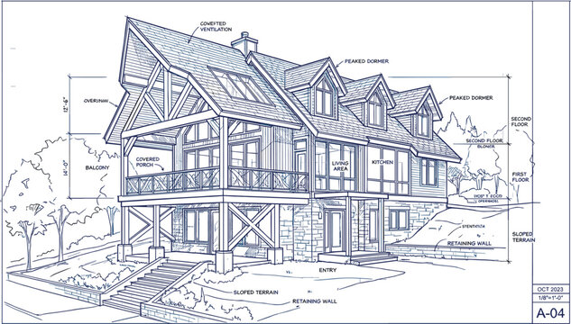 Architectural blueprint diagram of multi level hillside residential lake house with covered porch balcony text labels vector