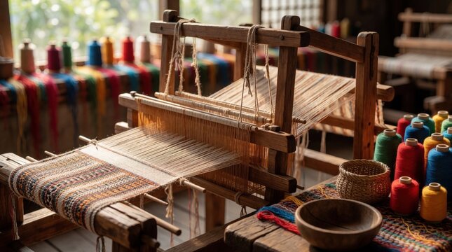 Traditional wooden loom with colorful threads for weaving textile. Artisan tool makes handmade fabric in craft workshop. Close up of loom shows pattern, textures. Spools of yarn, wooden bowls sit on