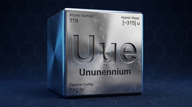 Metallic cube representing the hypothetical chemical element Ununennium with atomic number 119 in a futuristic setting