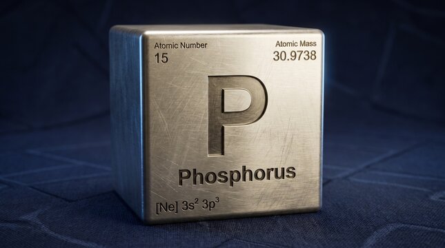 A 3D metallic cube representing the chemical element Phosphorus, featuring its atomic number 15 and symbol P on a dark textured surface