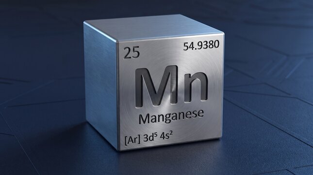 Solid metallic block representing the chemical element manganese with its periodic table symbol and atomic details