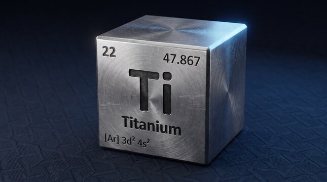 Metallic block representing the periodic table element titanium with atomic number and symbol