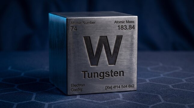 Solid metallic tungsten block cube representing chemical element number 74 with periodic table design