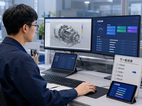 Engineer at computer workstation with dual monitors and 3D CAD software