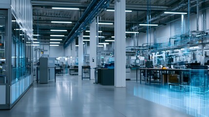 Obraz premium Modern factory interior with digital interface overlays showcasing industrial equipment structural columns and ambient lighting in a clean