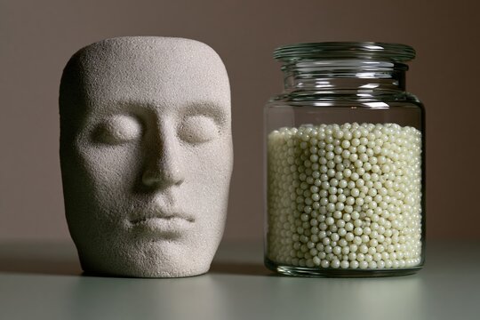 Featureless face sculpture next to sealed glass jar of luminous beads