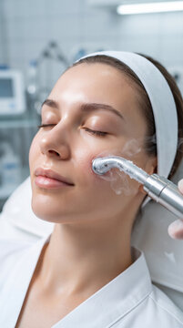 Close up of young woman receiving facial treatment in beauty salon, steam facial device being used on cheek, skin care procedure. Cosmetology, spa, dermatology, wellness.