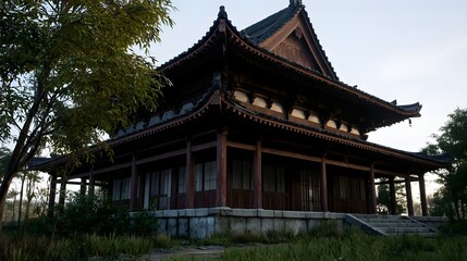 Obraz premium Traditional wooden temple with curved roof and stone foundation surrounded by greenery under soft daylight