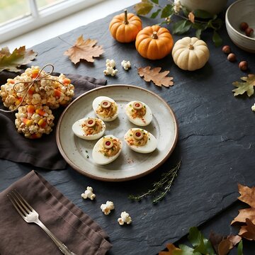 Deviled eggs decorated like eyeballs with olive centers served on dark slate surface for festive fall party food.