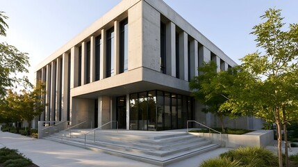 Obraz premium Modern concrete building with glass wide staircase and surrounding greenery under clear sky