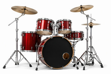 Obraz premium Vibrant red professional drum kit, a complete percussion instrument set with cymbals and stands, isolated PNG on transparent background for music and performance designs