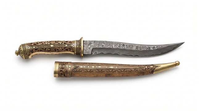 Antique ornate dagger with damascus steel blade, decorative gold filigree handle and matching sheath, vintage ceremonial knife isolated PNG with Transparent Background